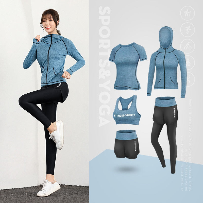 Sport Vêtements de Yoga Costumes 5 Pièce Ensembles de Sport Pour Femme Gym Running à séchage Rapide Costumes Sportifs pour Dames Vêtements de Sport Vêtements de Fitness