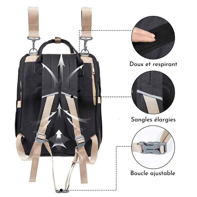 Sac à dos 2 en 1 : berceau, sac à langer, parasol et interface USB