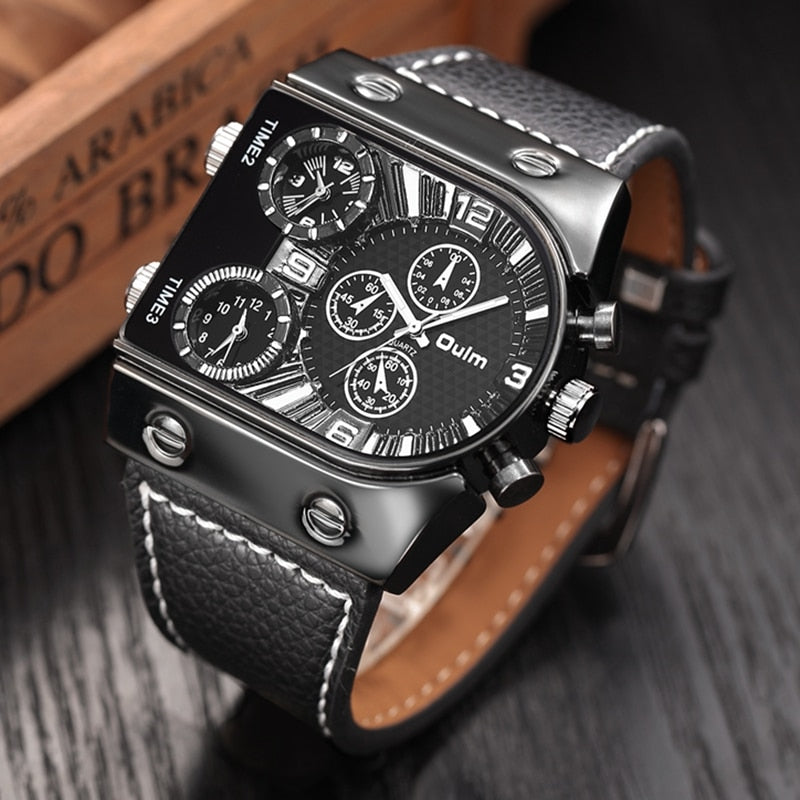 Oulm homme montres Quartz décontracté bracelet en cuir montre-bracelet sport homme multi-fuseau horaire militaire homme montre horloge relogios